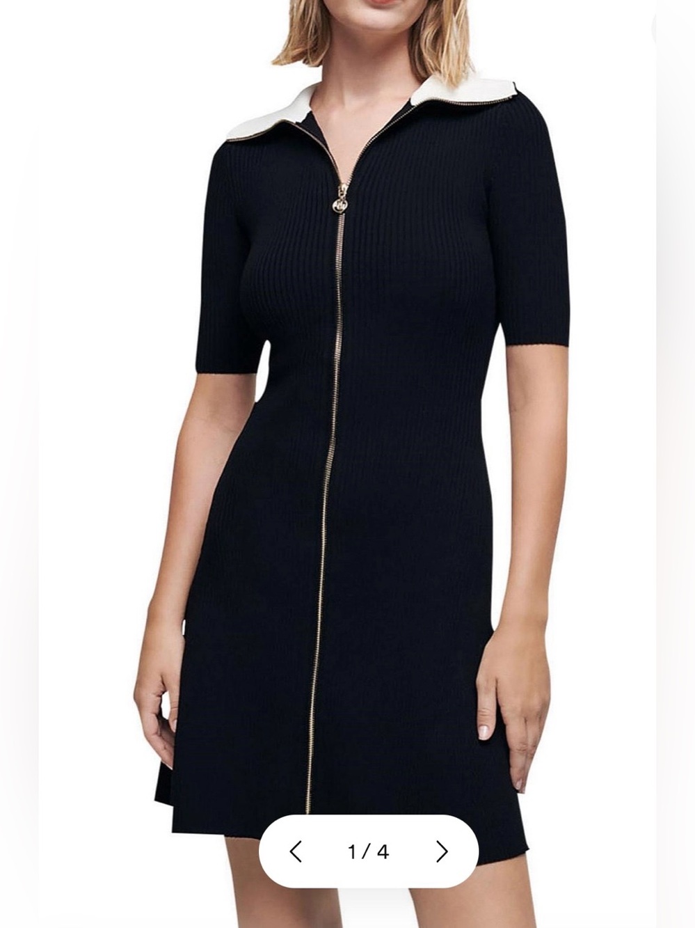 Maje Black Knit Zip Dress with White Contrast Collar